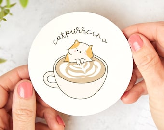 Catpurrcino Coaster - Funny Cat Gift, Cat Lover, Friendship Gift, Birthday, Cat Pun, Cappuccino, Coffee Lover, Colleague Gift, Cat Mum Gift