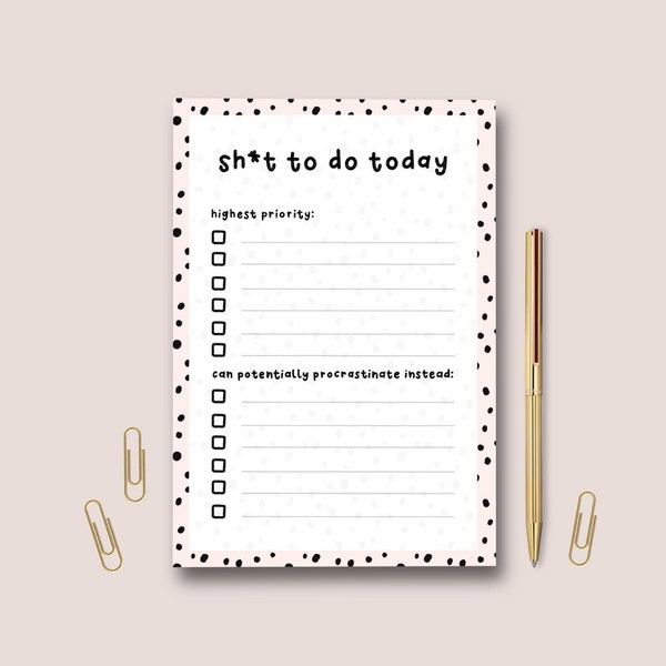 Sh*t To Do Today A6 List Pad | To Do List Pad | Notepad | Daily Planner | Animal Print Dalmatian Dots | Desk Planner | Tear Off Pad