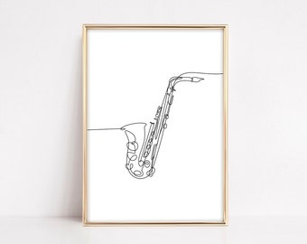 Saxophone minimaliste Instrument Ligne Dessin Art Mural Impression | A6, A5, A4, A3 | | d’impression de musique musique Art mural | | non encadré Monochrome