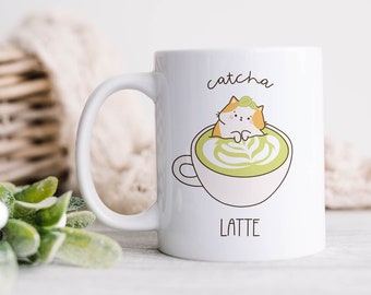 Catcha Latte Mug - Matcha Mug, Cat Lover, Cute Cat Gift, Friendship Gift, Birthday, Cat Pun, Matcha Tea, Coffee Lover, Colleague Gift