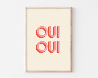 Oui Oui French Quote Bathroom Wall Art Print | Funny Pun Print | Bathroom Humour Print | Gallery Wall | Pink and Orange | Retro Typography