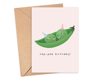 Carte d'anniversaire Happ-pea | Joyeux anniversaire | Carte d'anniversaire mignonne | Jeu de mots sur la nourriture | Carte d'anniversaire Punny | Carte pour lui | Carte pour elle | Estampes de Milly