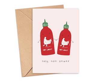 Hey Hot Stuff Funny Anniversary Card | A6 | Sriracha | Food Pun Card | Hot Sauce | Anniversary Card | Card for Partner | Funny Food Card