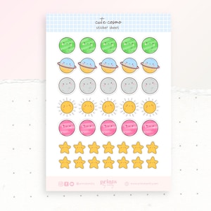 Cute Cosmo Sticker Sheet | Planet Stickers | Bullet Journal Stickers | Scrapbook Stickers | Astronomy | Kawaii Planet Stickers | Colourful
