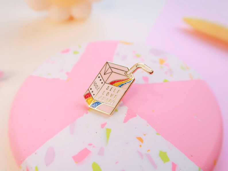 Self Love Juice Box Enamel Pin Cute Hard Enamel Pin Affirmation Positivity Small Gift Lapel Pin Glitter Rainbow Gift for Her image 2