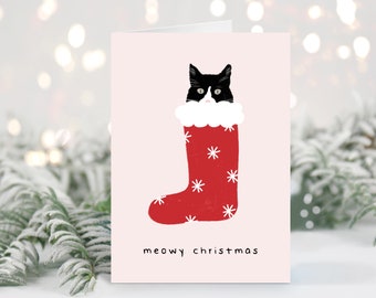 Meowy Christmas Pun Card | Funny Christmas Card | Cat Lover Card | Black and White Cat | Crazy Cat Lady Christmas Card | Christmas Joke Card