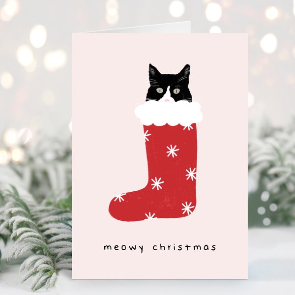 Meowy Christmas Pun Card | Funny Christmas Card | Cat Lover Card | Black and White Cat | Crazy Cat Lady Christmas Card | Christmas Joke Card