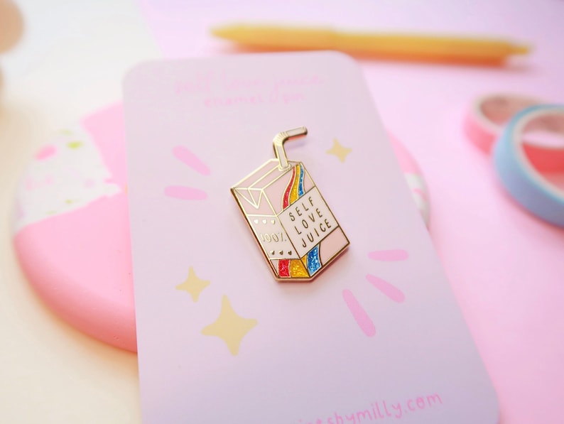 Self Love Juice Box Enamel Pin Cute Hard Enamel Pin Affirmation Positivity Small Gift Lapel Pin Glitter Rainbow Gift for Her image 1