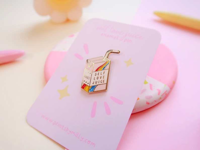 Self Love Juice Box Enamel Pin Cute Hard Enamel Pin Affirmation Positivity Small Gift Lapel Pin Glitter Rainbow Gift for Her image 3