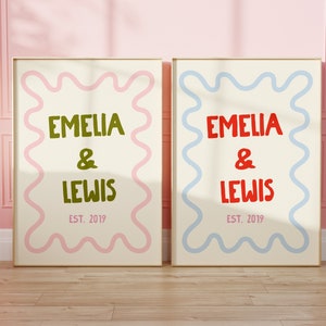 Personalisierte paar Namen Wand Kunst Druck | Valentinstag Geschenk | Geschenk für Sie | Geschenk für Ihn | Retro, Groovy Typografie | Jubiläumsgeschenk
