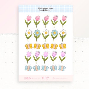 Spring Garden Sticker Sheet | Bullet Journal Stickers | Planner Stickers | Scrapbook Stickers | Kawaii Flowers | Tulip, Daisy, Butterfly
