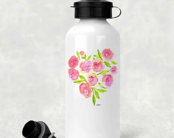 Rose Heart Watercolour Aluminium Water Bottle