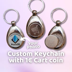 Aangepast logo of fotosleutelhanger met euro winkelwagenmuntje | Gepersonaliseerde metalen sleutelhanger | Relatiegeschenk, merkpromotie of praktische aandenken