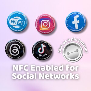 Ímãs de geladeira ou botões de pino habilitados para NFC – Redondos 38 mm (1,5") | Links de mídia social | Perfis sociais personalizáveis | Cartão de visita digital