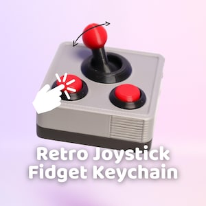 May include: A grey and black retro joystick keychain with red buttons and a red joystick. The keychain has the text "Retro Joystick Fidget Keychain" printed on the bottom.