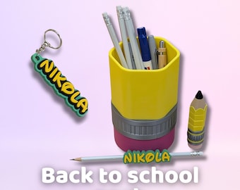 Personalized Back to School Set with Name | 4-Piece School Set | Pencil Holder, Personalized Pencil, Keychain & Flexi Clicker