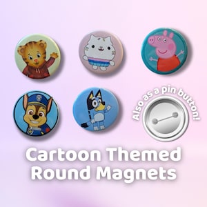 IMÁN o BOTÓN de alfiler con dibujos animados para niños personalizados / 38 mm (1,5") / Decoración divertida y lúdica / Regalo PERFECTO para niños / Lindo y colorido / Relleno de medias