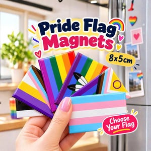 Op de afbeelding: Een verzameling rechthoekige pride-vlagmagneten van 8x5cm. De magneten hebben verschillende ontwerpen, waaronder de regenboogvlag, de non-binaire vlag en de transgender vlag. De tekst op de afbeelding luidt Pride Flag Magnets en Choose Your Flag.