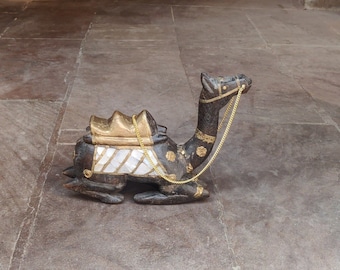 Ornamented Wood Camel Figurine: Vintage Brass & Mother of Pearl Decor