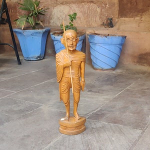 Hand Carved Wooden Mahatma Gandhi Statue: Home Decor, Symbol of Peace