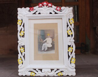 White Wooden Hand carved photo Frame with Old Photograph Of A Indian Rich person from English Era ||claim your Ancestor