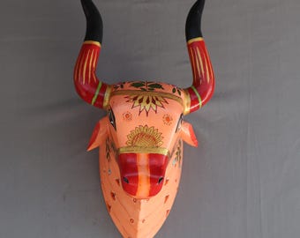 Handprinted Wooden Nandi Statue - Temple Wall Decor