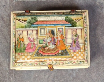 Handmade Wooden Box: Handpainted Camel Bone Fitted Storage Box