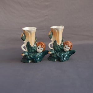 Vintage Cherub Knospe Vasen | Handbemaltes Engel Paar, Pastel Keramik Home Decor