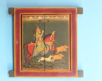 Hand Painted Rajasthani Window: Miniature Hunting Scene Wall Decor
