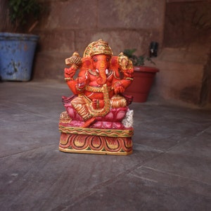 Handmade Wooden Ganesh Statue: Orange Indian God Home Decor