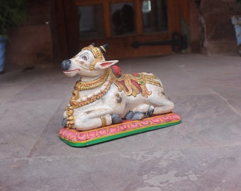 Wooden Hand Carved Handpainted Sitting Nandi Statue || Indian Ethnic Hand painted Nandi Statue || Rustic Finished Nandi Statue ||