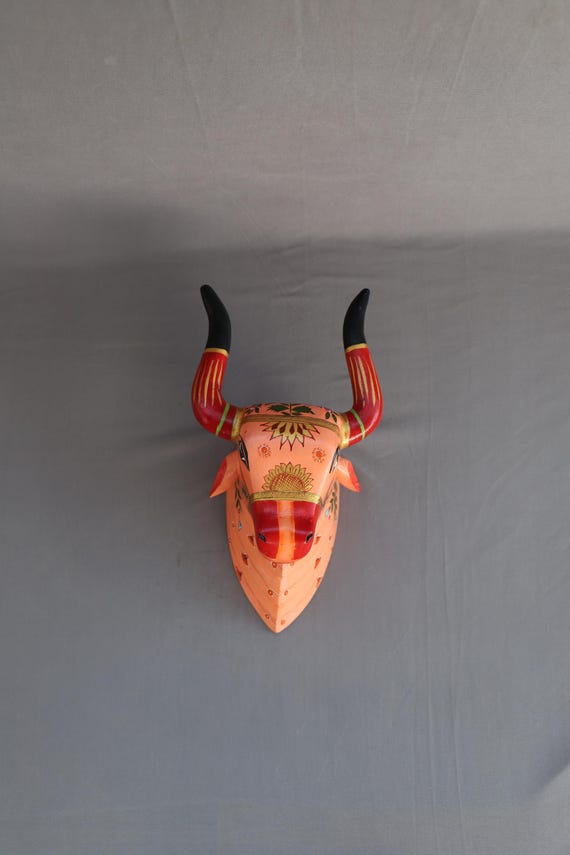 Handprinted Wooden Nandi Statue - Temple Wall Decor