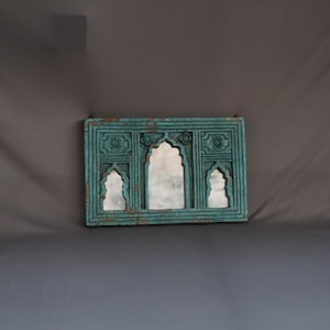 wooden triple arch mirror || wall decorative green distressed arch mirror || wooden boho mirror || indian temple mirror || wall decor mirror