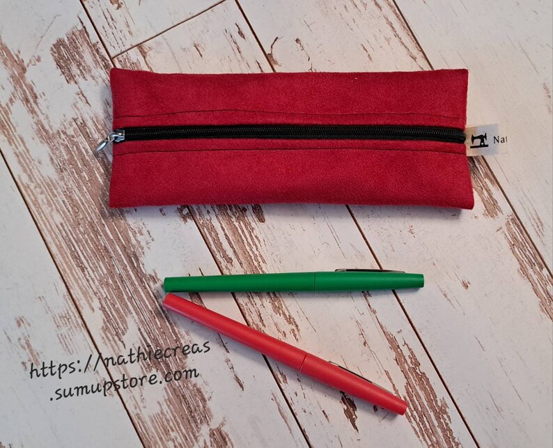 Flat pencil case, pen bag, makeup bag, faculty kit, tote bag Suedine rouge