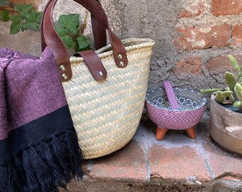 Hand painted original designed salsa dish with spoon Mexican one of a kind pottery with shawl and leather handle tote