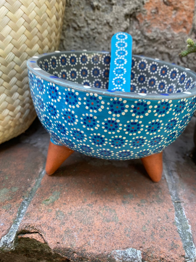 Hand painted original designed salsa dish with spoon Mexican one of a kind pottery with shawl and leather handle tote