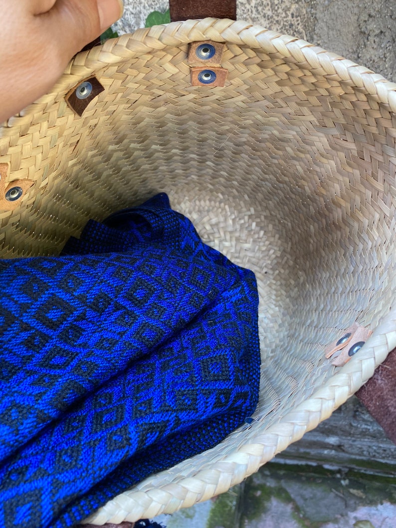 Hand painted original designed salsa dish with spoon Mexican one of a kind pottery with shawl and leather handle tote