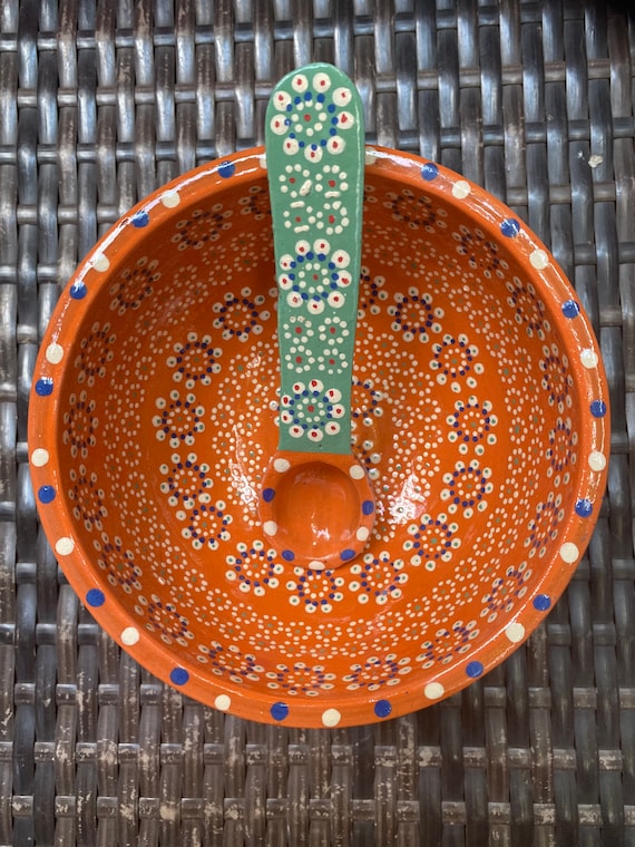 Hand painted original designed salsa dish with spoon Mexican one of a kind pottery with shawl and leather handle tote