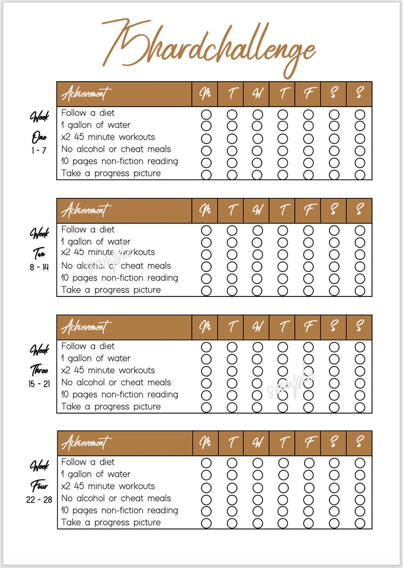 Printable 75 Hard Challenge Habit Tracker Checklist Etsy