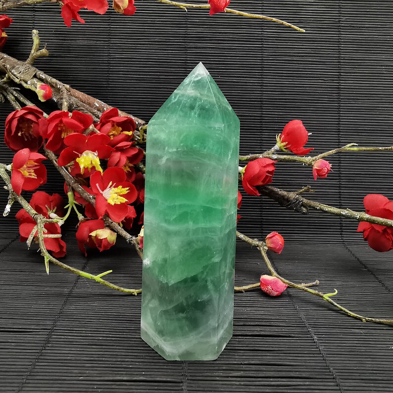 310g Natural Green fluorite tower point quartz crystal wand obelisk reiki mineral healing A32