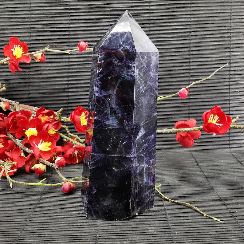 1113g Natural Purple fluorite tower point quartz crystal wand obelisk reiki mineral healing g20