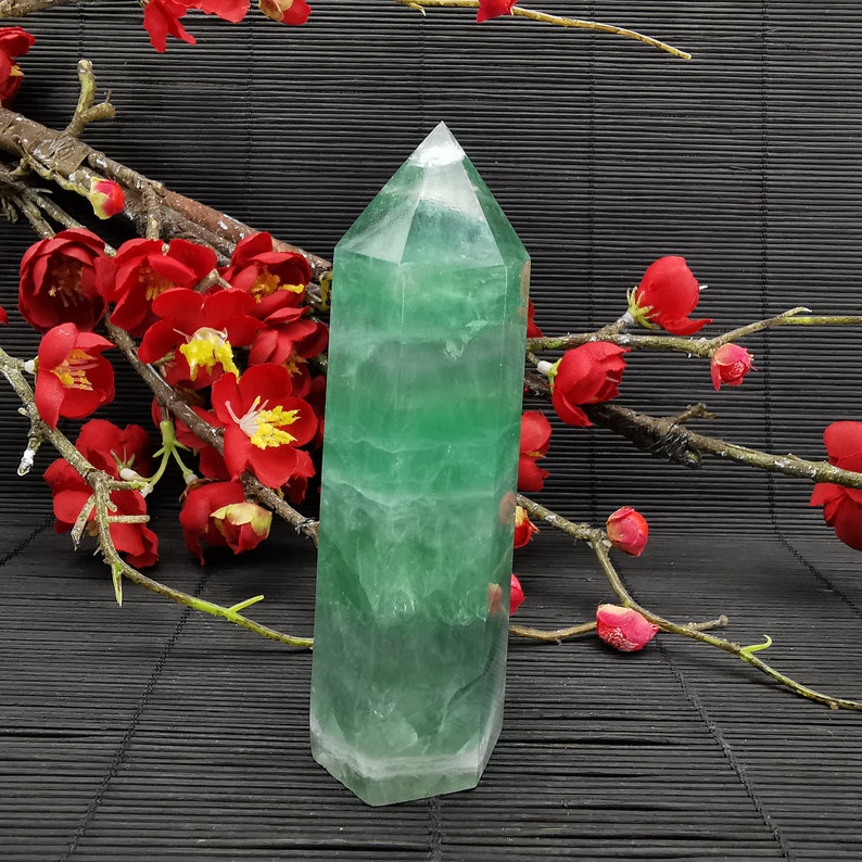 310g Natural Green fluorite tower point quartz crystal wand obelisk reiki mineral healing A32