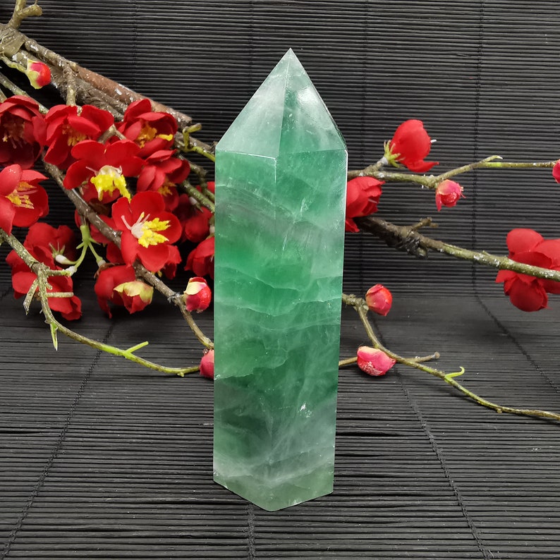 310g Natural Green fluorite tower point quartz crystal wand obelisk reiki mineral healing A32