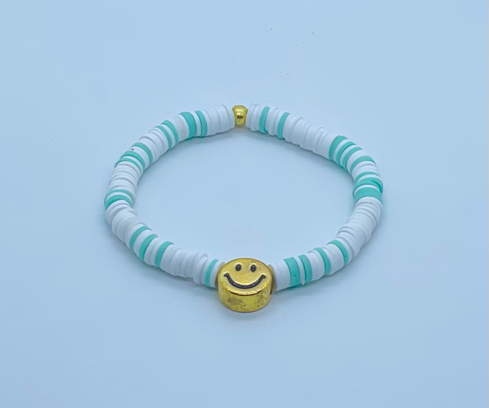 Preppy Clay bead bracelet featuring a gold smiley face charm Etsy