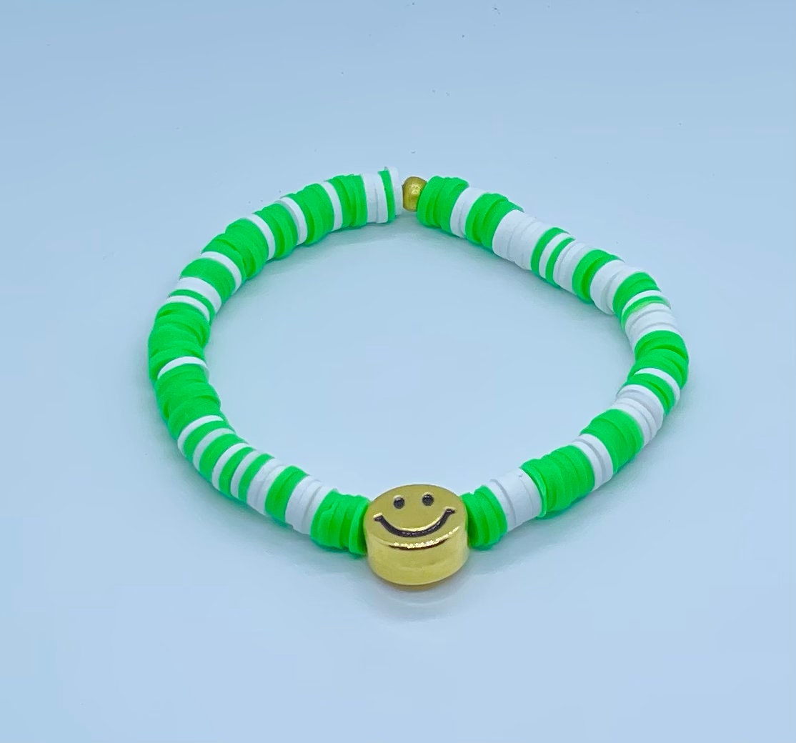 Preppy Smiley Face Clay Bread Bracelet Neon Green Etsy