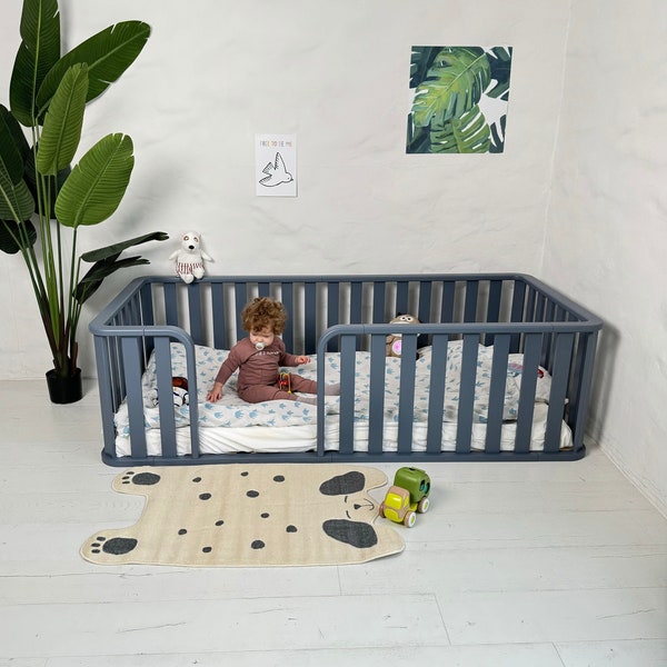 Letto con piattaforma, Lettino con doghe, Letto Montessori, Letto a terra, Cabane illuminata, Bodenbett, Kinderbett Mit, Sicherheitsgeländern