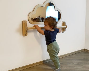 Montessori Mirror with Pull up Wooden bar, Gift For Kids Baby, Montessori Pull up Bar, Montessori Bar, Baby Floor Mirror, Baby Sensory Bar