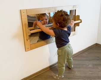 Montessori Spiegel mit Pull-up-Holzstange, Geschenk für Kinder Baby, Montessori-Klimmzugstange, Montessori-Bar, Baby-Bodenspiegel, Baby-Sensory-Bar