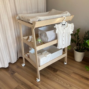 Natural Changing Baby Table, Changing toddler Tray On Wheels, Changing Table Organizer, Baby Table Station, Nursery Table