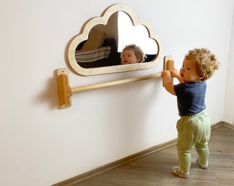 Montessori Mirror with Pull up Wooden bar, Gift For Kids Baby, Montessori Pull up Bar, Montessori Bar, Baby Floor Mirror, Baby Sensory Bar